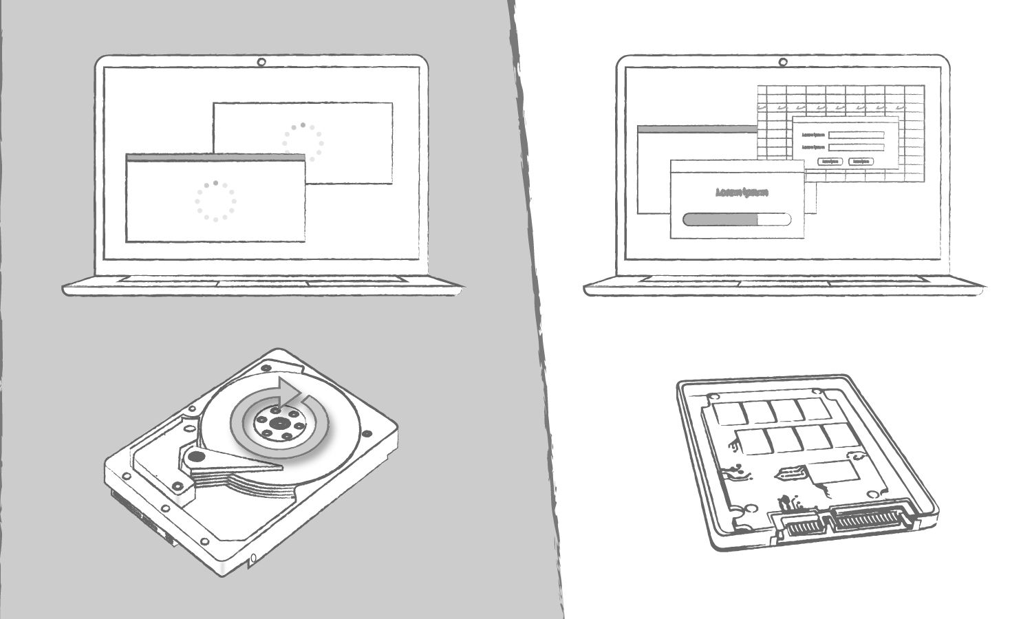 Un’illustrazione che mostra i benefici di un SSD rispetto a un disco rigido in termini di tempi di caricamento dei programmi del computer