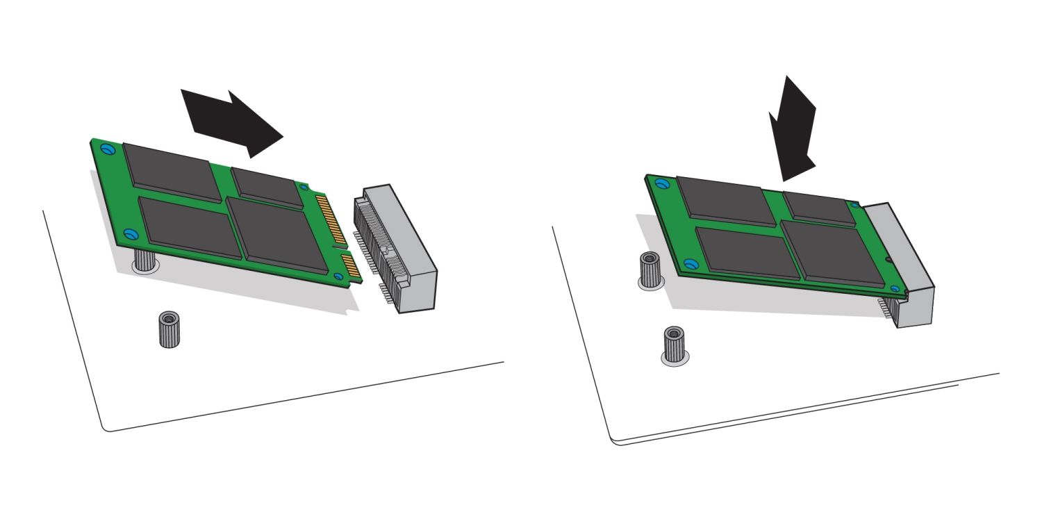 Un’illustrazione che mostra come l’SSD mSATA è inserito in un socket mSATA sulla scheda madre di un computer desktop