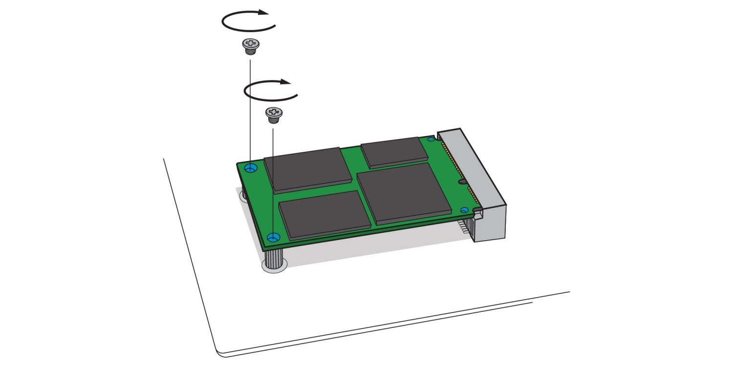 Un’illustrazione che mostra come avvitare l’SSD mSATA in un socket mSATA sulla scheda madre di un computer desktop.