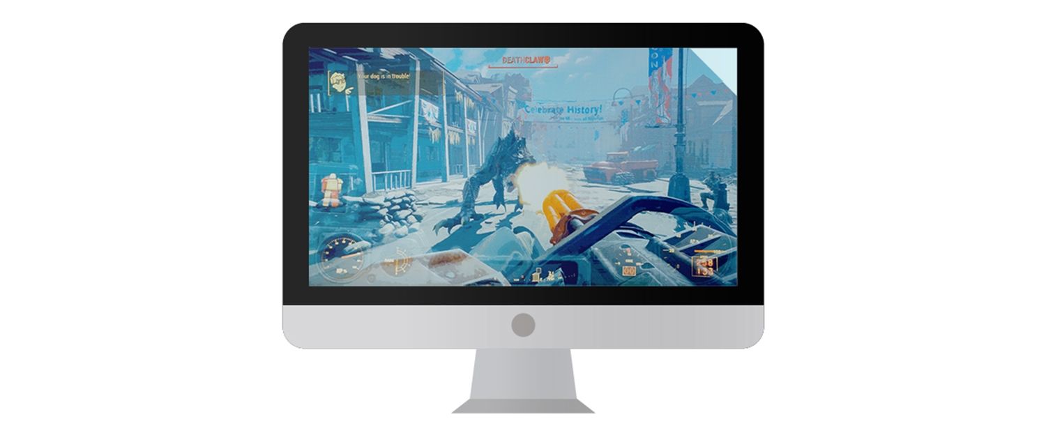 Computer monitor Mac con un videogioco mostrato su schermo.