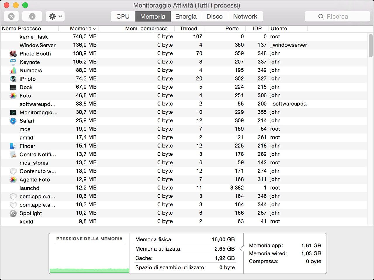 Cattura di schermo della finestra Monitoraggio Attività (I miei Processi) su un Mac