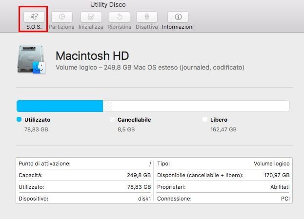 Cattura schermo della finestra di pop-up della Utility del Disco su un Mac