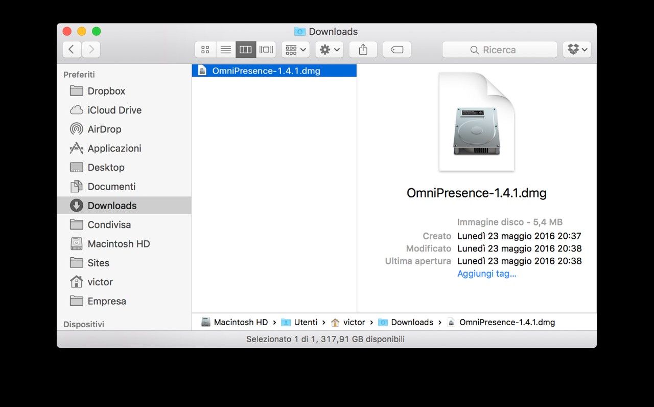 Cattura di schermo della finestra di pop-up della cartella dei Download su un Mac